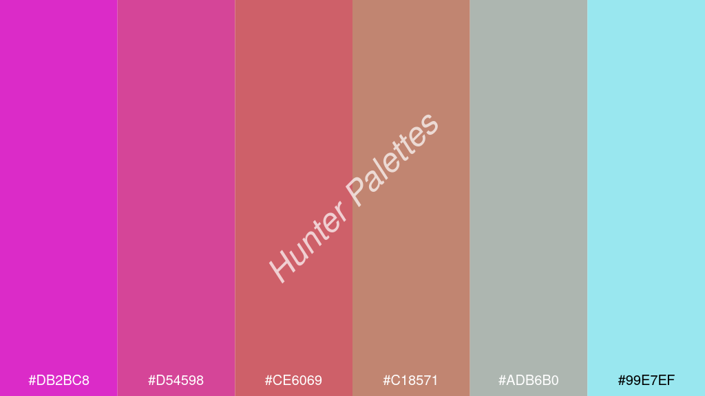 réz szín palettája a következőkkel: #db2bc8 #d54598 #ce6069 #c18571 #adb6b0 #99e7ef