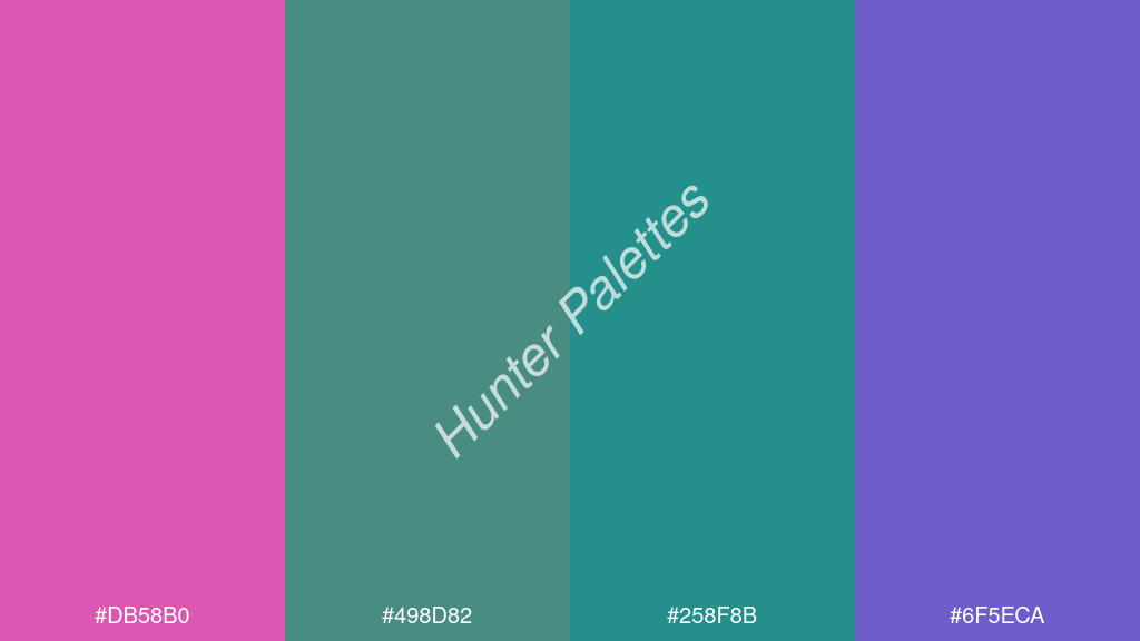 jáde szín palettája a következőkkel: #db58b0 #498d82 #258f8b #6f5eca