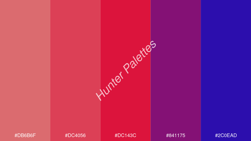 bíbor szín palettája a következőkkel: #db6b6f #dc4056 #dc143c #841175 #2c0ead