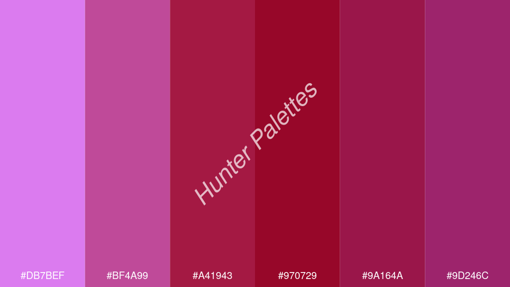karmazsin szín palettája a következőkkel: #db7bef #bf4a99 #a41943 #970729 #9a164a #9d246c