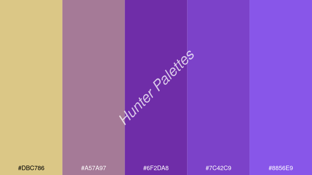 szőlő szín palettája a következőkkel: #dbc786 #a57a97 #6f2da8 #7c42c9 #8856e9
