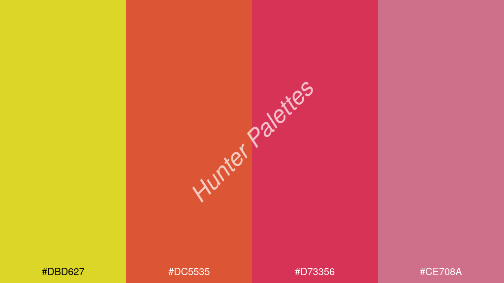 bíbor szín palettája a következőkkel: #dbd627 #dc5535 #d73356 #ce708a