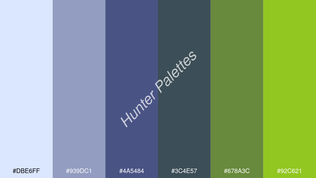 kobaltkék szín palettája a következőkkel: #dbe6ff #939dc1 #4a5484 #3c4e57 #678a3c #92c621
