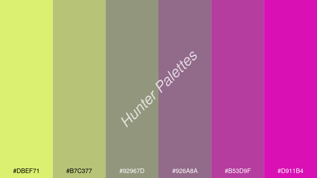szürke szín palettája a következőkkel: #dbef71 #b7c377 #92967d #926a8a #b53d9f #d911b4