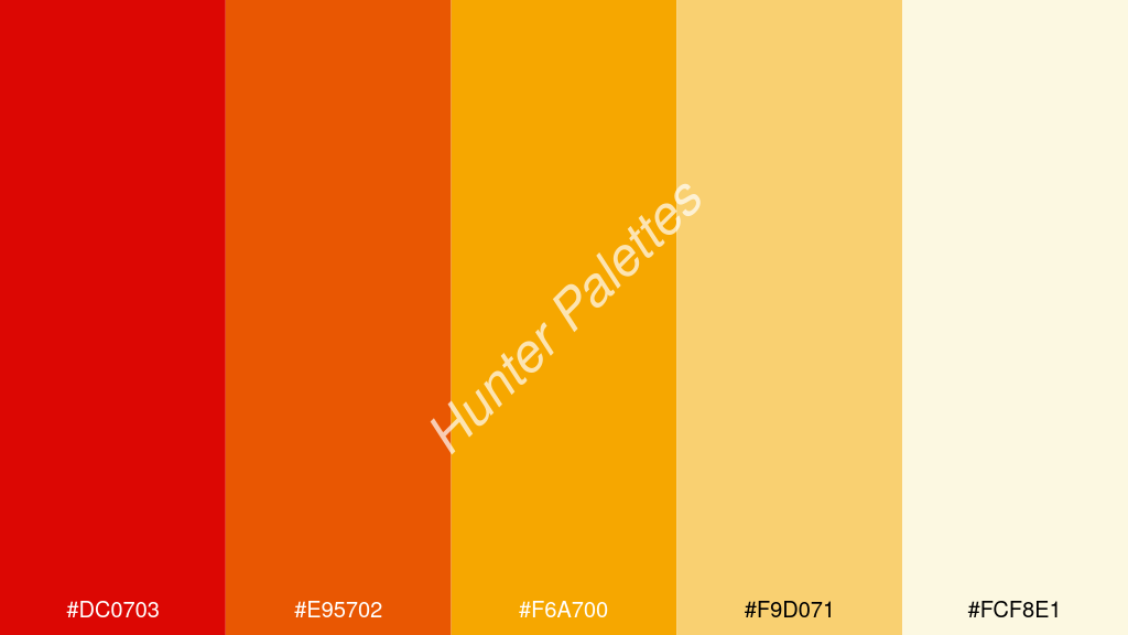 mustársárga szín palettája a következőkkel: #dc0703 #e95702 #f6a700 #f9d071 #fcf8e1