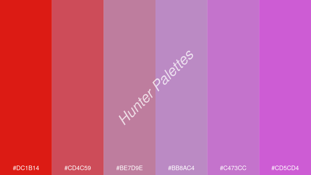orgona szín palettája a következőkkel: #dc1b14 #cd4c59 #be7d9e #bb8ac4 #c473cc #cd5cd4