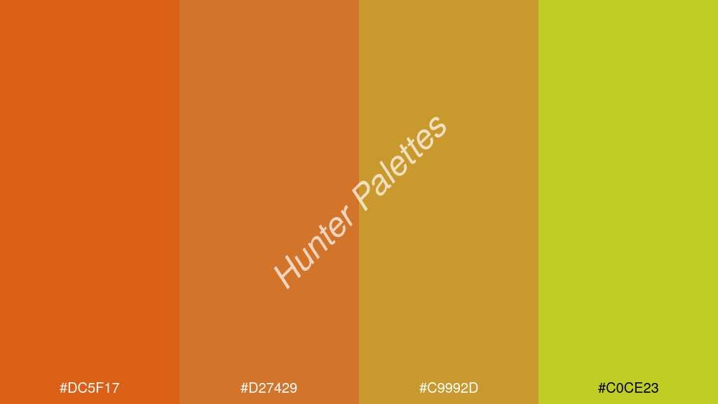 bronz szín palettája a következőkkel: #dc5f17 #d27429 #c9992d #c0ce23