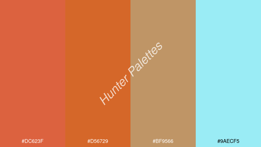 fahéj szín palettája a következőkkel: #dc623f #d56729 #bf9566 #9aecf5