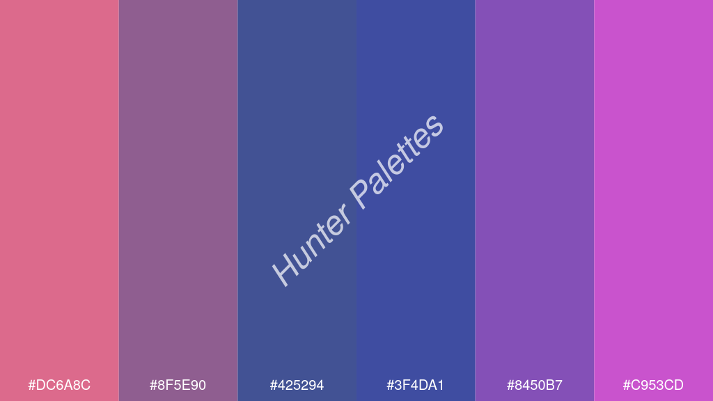 indigókék szín palettája a következőkkel: #dc6a8c #8f5e90 #425294 #3f4da1 #8450b7 #c953cd