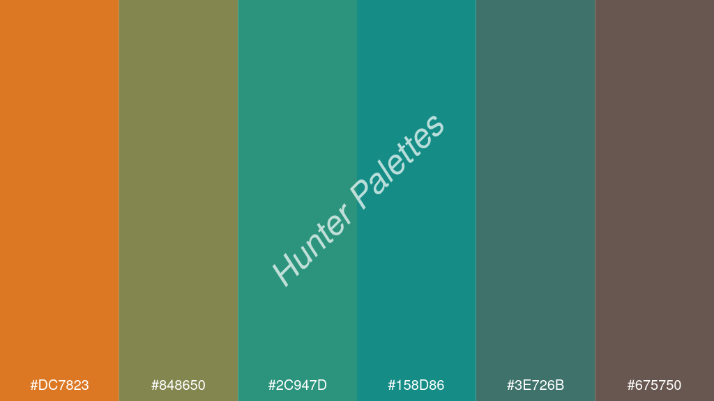 kékzöld szín palettája a következőkkel: #dc7823 #848650 #2c947d #158d86 #3e726b #675750