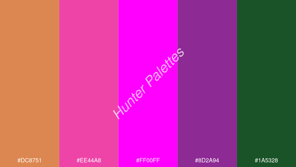 magenta szín palettája a következőkkel: #dc8751 #ee44a8 #ff00ff #8d2a94 #1a5328