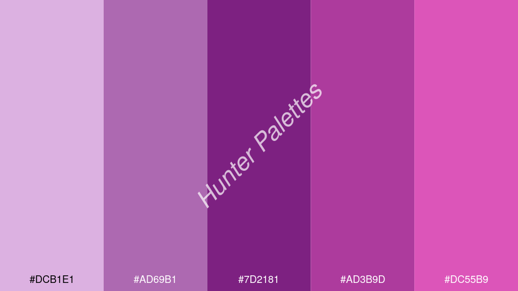 lila szín palettája a következőkkel: #dcb1e1 #ad69b1 #7d2181 #ad3b9d #dc55b9