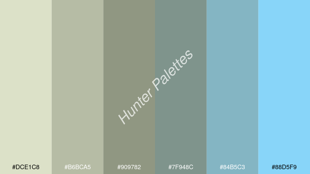 cement szürke szín palettája a következőkkel: #dce1c8 #b6bca5 #909782 #7f948c #84b5c3 #88d5f9