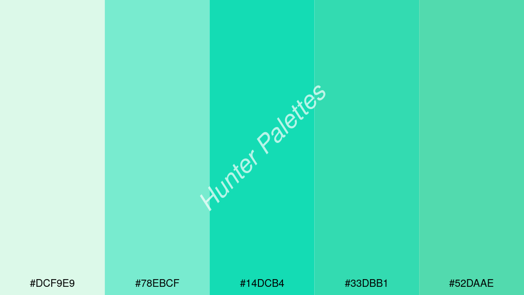 karibi zöld szín palettája a következőkkel: #dcf9e9 #78ebcf #14dcb4 #33dbb1 #52daae