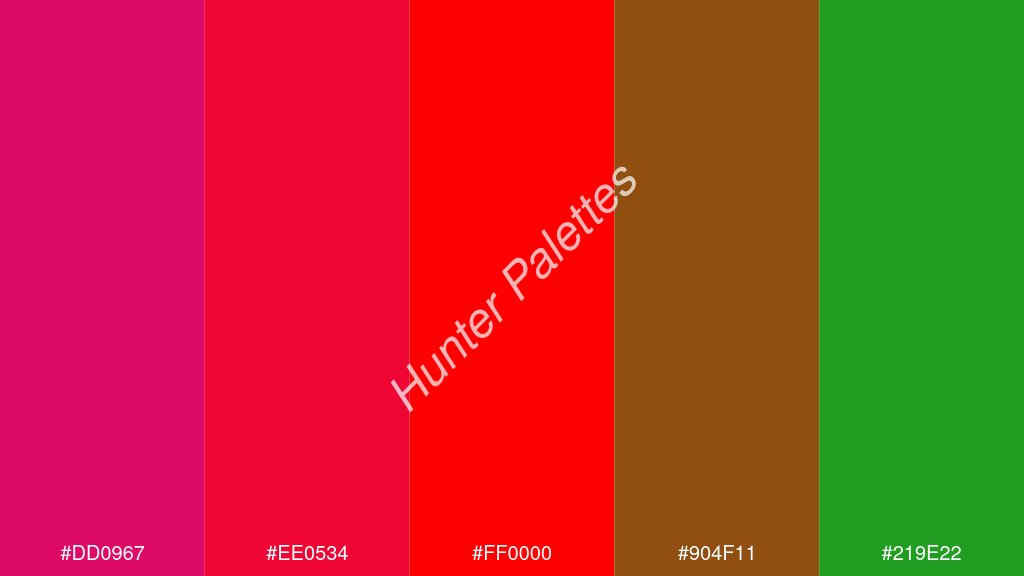 vörös szín palettája a következőkkel: #dd0967 #ee0534 #ff0000 #904f11 #219e22