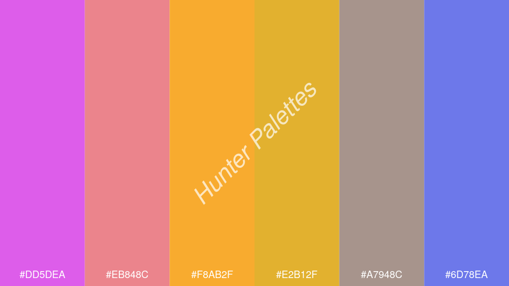 borostyán szín palettája a következőkkel: #dd5dea #eb848c #f8ab2f #e2b12f #a7948c #6d78ea