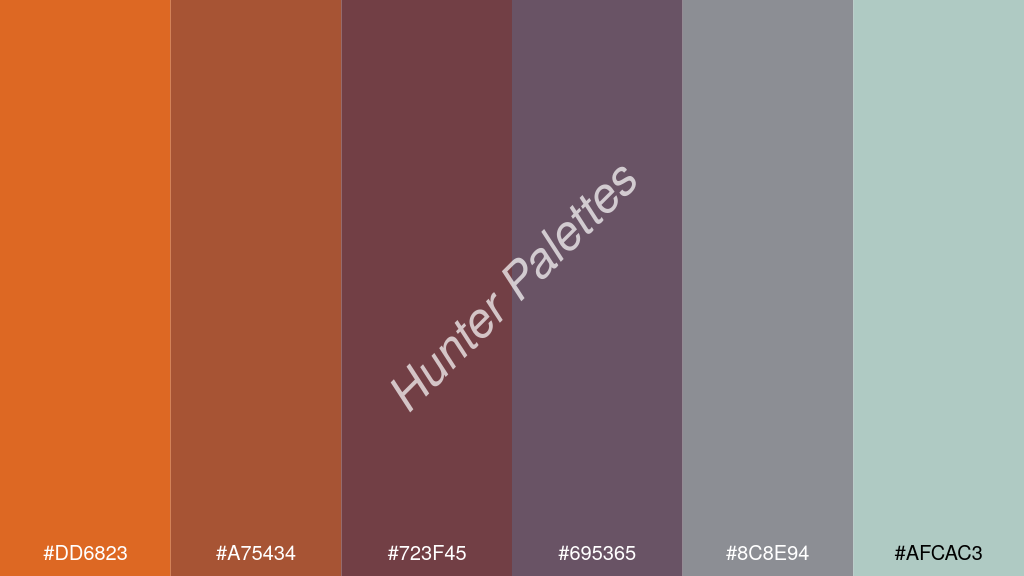 szilva szín palettája a következőkkel: #dd6823 #a75434 #723f45 #695365 #8c8e94 #afcac3