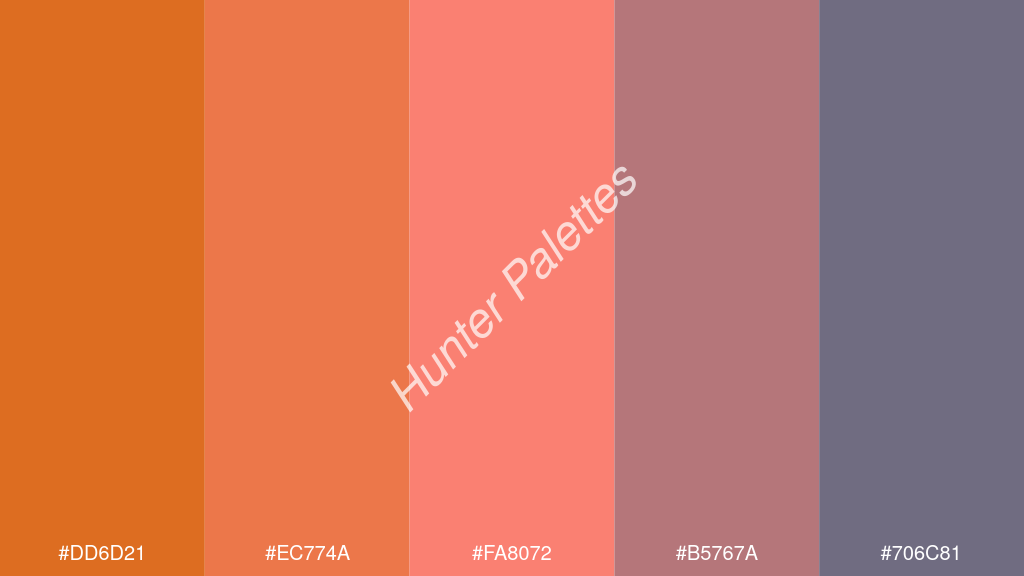 lazac szín palettája a következőkkel: #dd6d21 #ec774a #fa8072 #b5767a #706c81