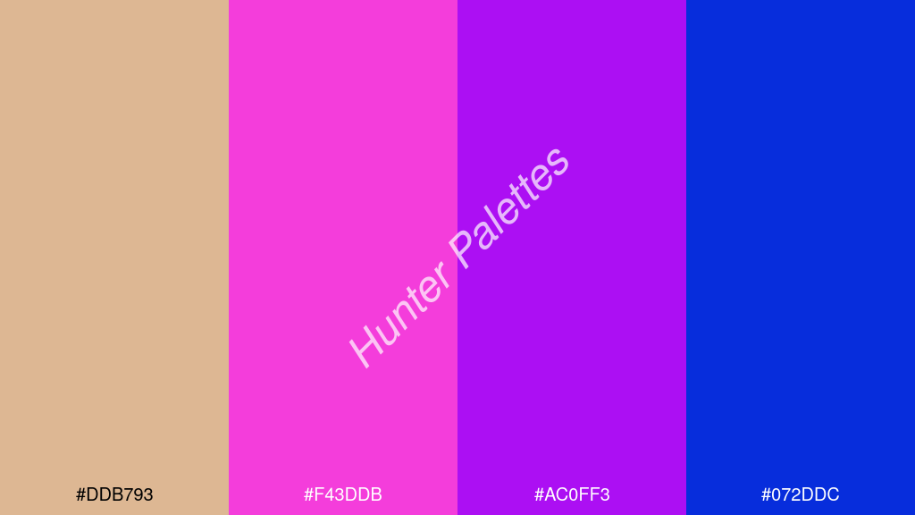 magenta szín palettája a következőkkel: #ddb793 #f43ddb #ac0ff3 #072ddc