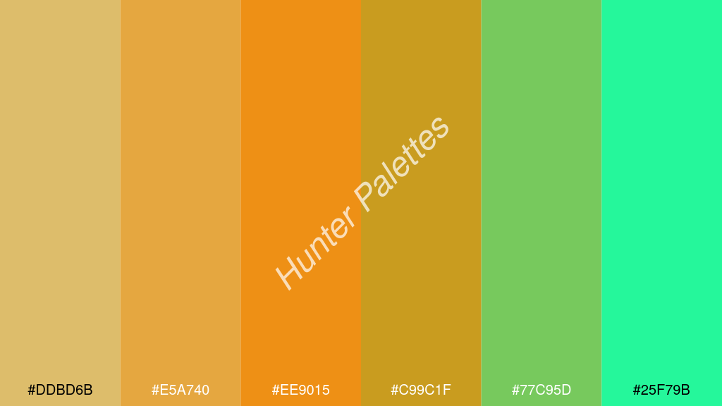 mandarin szín palettája a következőkkel: #ddbd6b #e5a740 #ee9015 #c99c1f #77c95d #25f79b