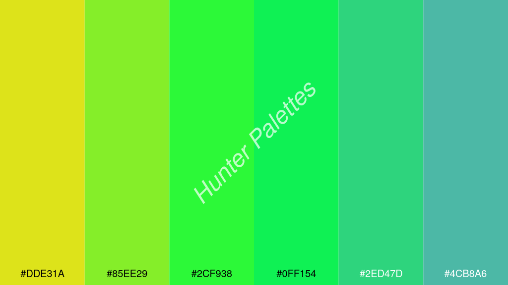 fluoreszkáló zöld szín palettája a következőkkel: #dde31a #85ee29 #2cf938 #0ff154 #2ed47d #4cb8a6