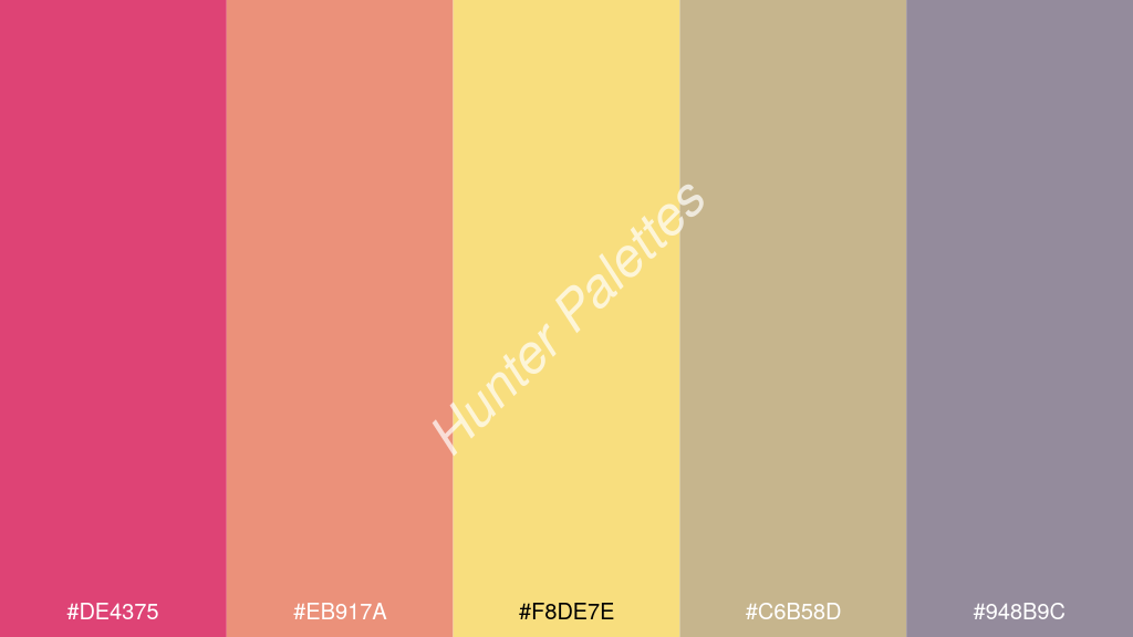 jázmin szín palettája a következőkkel: #de4375 #eb917a #f8de7e #c6b58d #948b9c