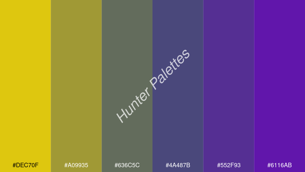 kékes szürke szín palettája a következőkkel: #dec70f #a09935 #636c5c #4a487b #552f93 #6116ab