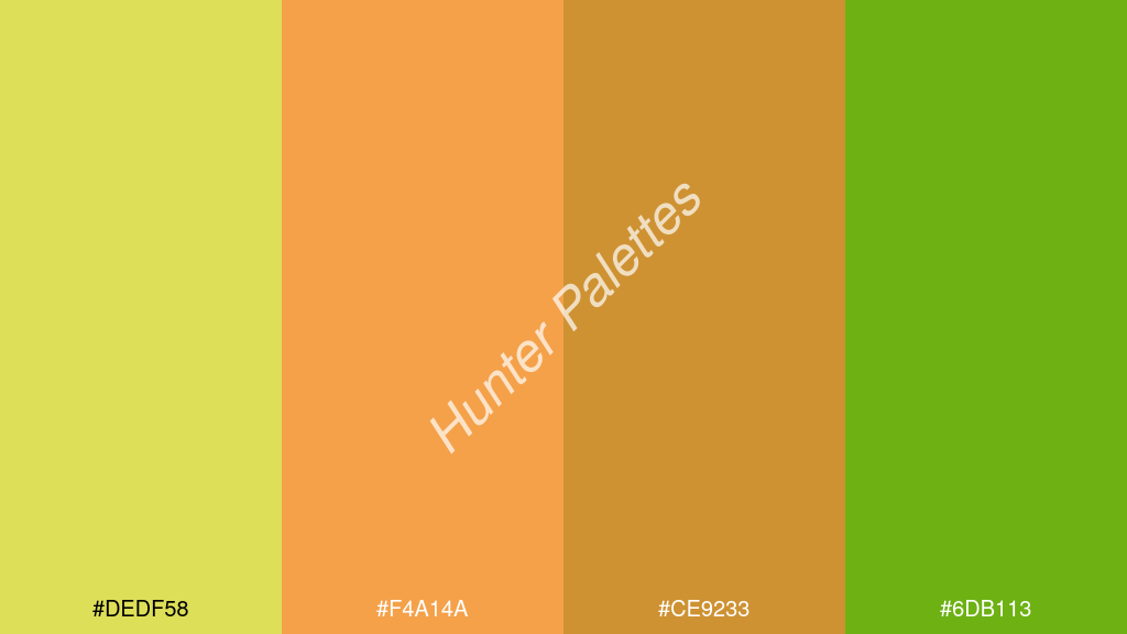 mangó szín palettája a következőkkel: #dedf58 #f4a14a #ce9233 #6db113