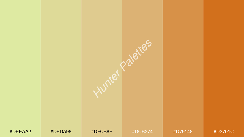 khaki szín palettája a következőkkel: #deeaa2 #deda98 #dfcb8f #dcb274 #d79148 #d2701c