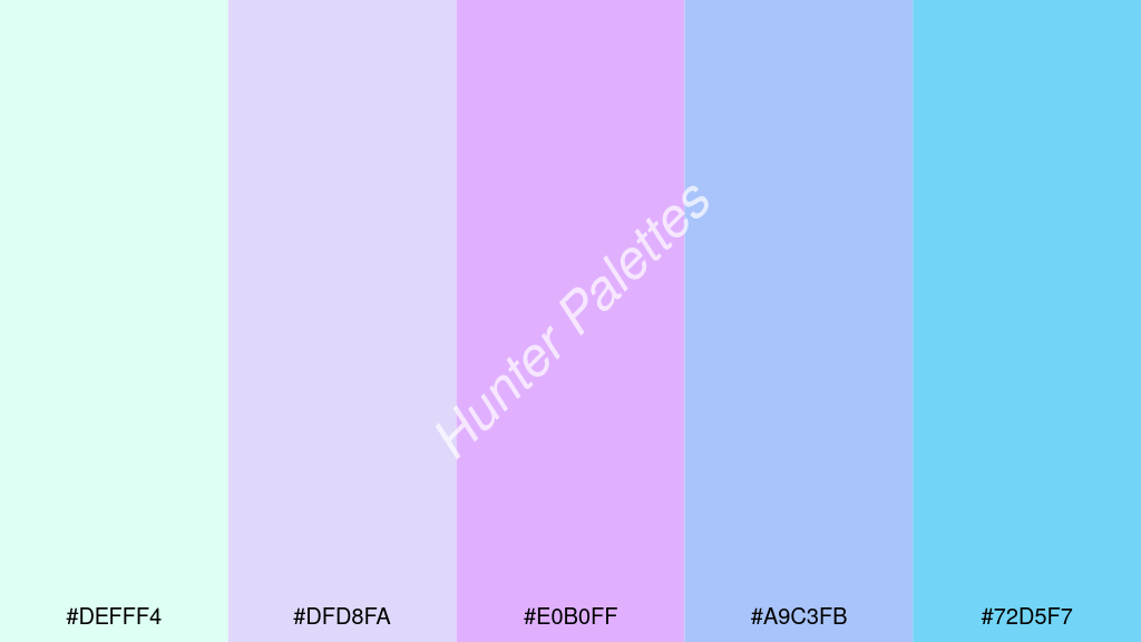 mályva szín palettája a következőkkel: #defff4 #dfd8fa #e0b0ff #a9c3fb #72d5f7