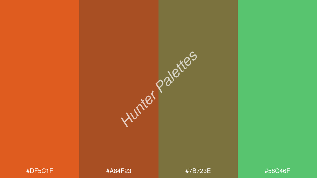 barna szín palettája a következőkkel: #df5c1f #a84f23 #7b723e #58c46f