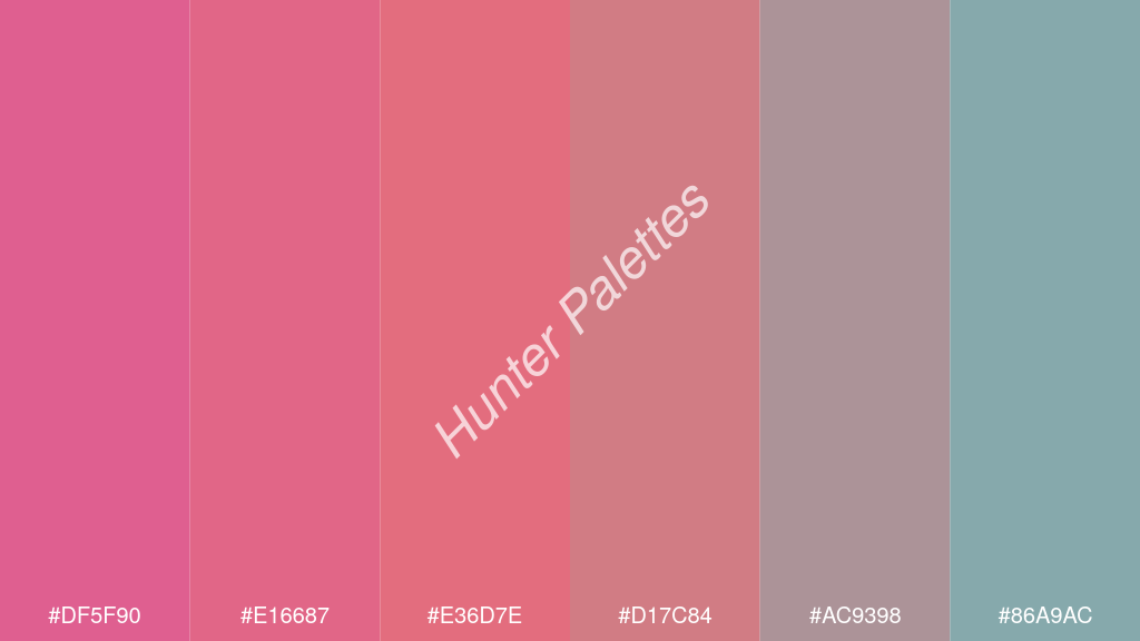 korall szín palettája a következőkkel: #df5f90 #e16687 #e36d7e #d17c84 #ac9398 #86a9ac