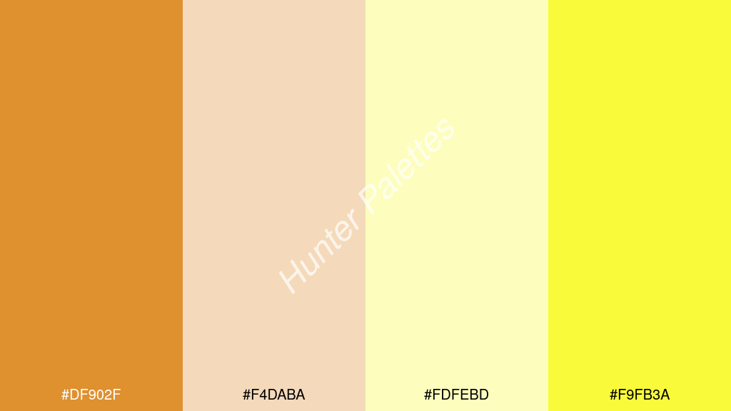 fehér szín palettája a következőkkel: #df902f #f4daba #fdfebd #f9fb3a