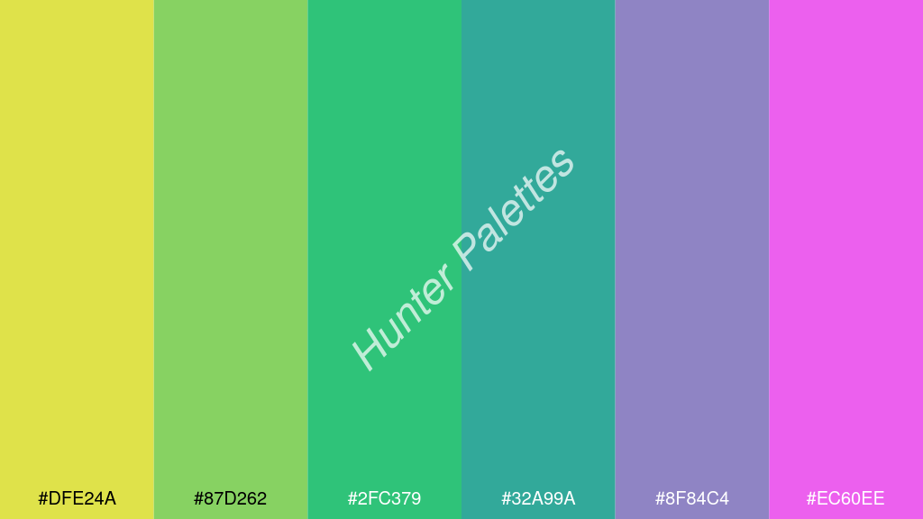 akvamarinzöld szín palettája a következőkkel: #dfe24a #87d262 #2fc379 #32a99a #8f84c4 #ec60ee