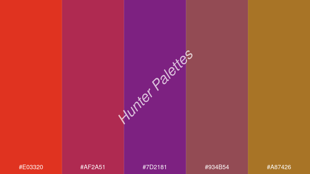 lila szín palettája a következőkkel: #e03320 #af2a51 #7d2181 #934b54 #a87426