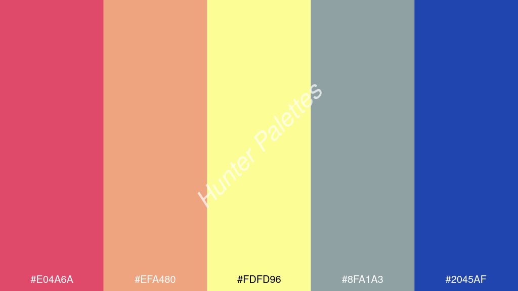 pasztell sárga szín palettája a következőkkel: #e04a6a #efa480 #fdfd96 #8fa1a3 #2045af