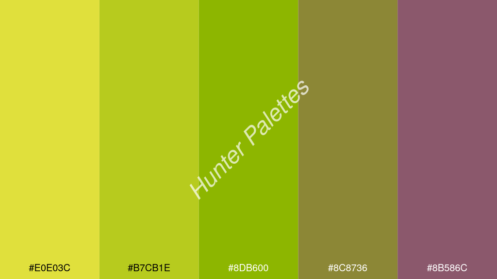 alma zöld szín palettája a következőkkel: #e0e03c #b7cb1e #8db600 #8c8736 #8b586c