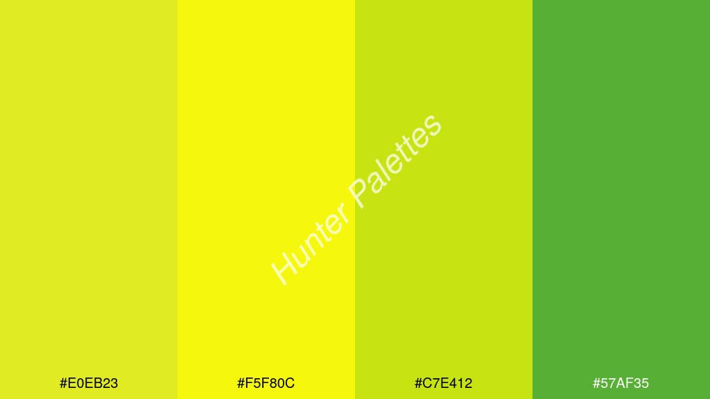 sárga szín palettája a következőkkel: #e0eb23 #f5f80c #c7e412 #57af35