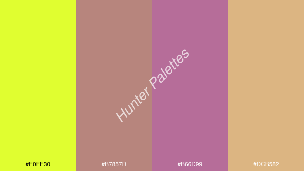 lila szín palettája a következőkkel: #e0fe30 #b7857d #b66d99 #dcb582