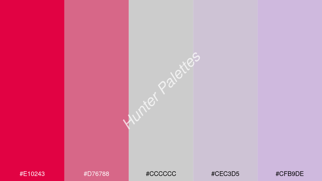 cccccc szín palettája a következőkkel: #e10243 #d76788 #cccccc #cec3d5 #cfb9de