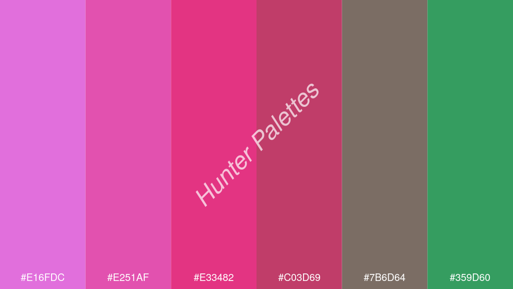 razzmatazz szín palettája a következőkkel: #e16fdc #e251af #e33482 #c03d69 #7b6d64 #359d60