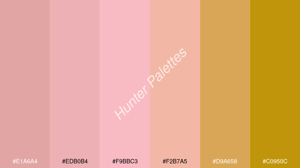 rózsaszín szín palettája a következőkkel: #e1a6a4 #edb0b4 #f9bbc3 #f2b7a5 #d9a658 #c0950c