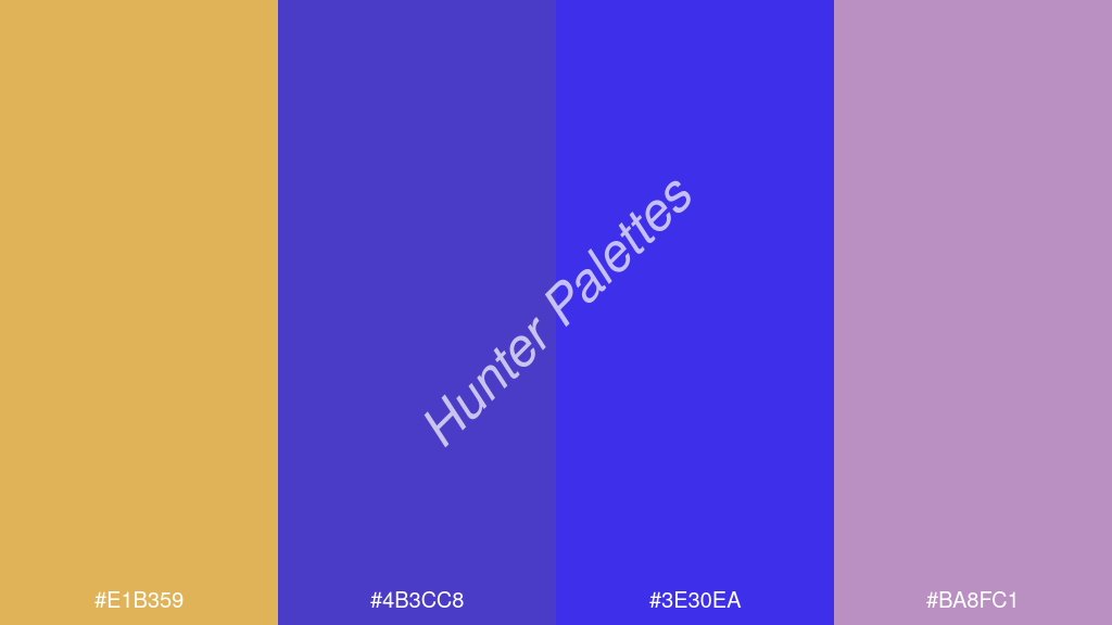 kék szín palettája a következőkkel: #e1b359 #4b3cc8 #3e30ea #ba8fc1