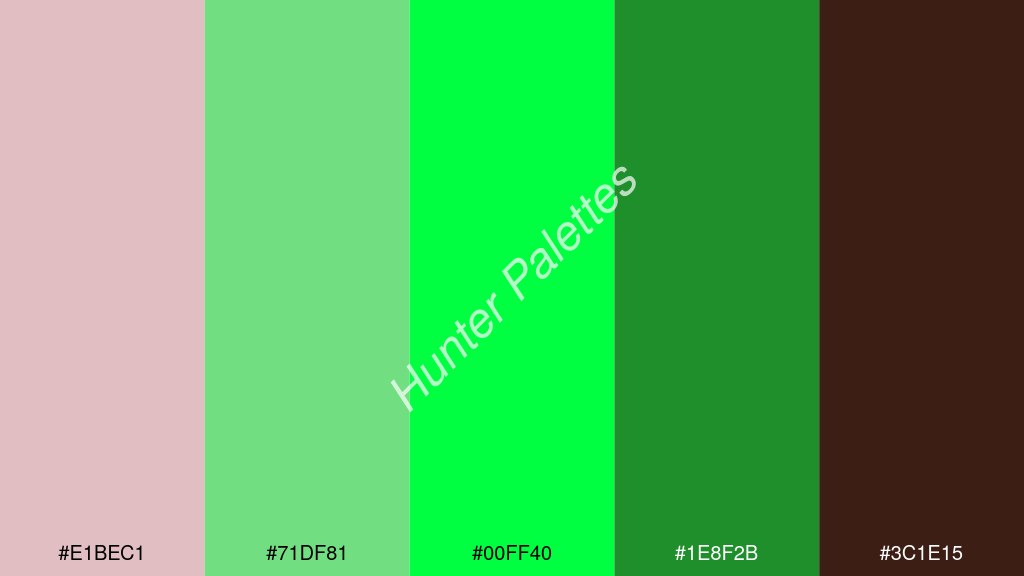 fluoreszkáló zöld szín palettája a következőkkel: #e1bec1 #71df81 #00ff40 #1e8f2b #3c1e15