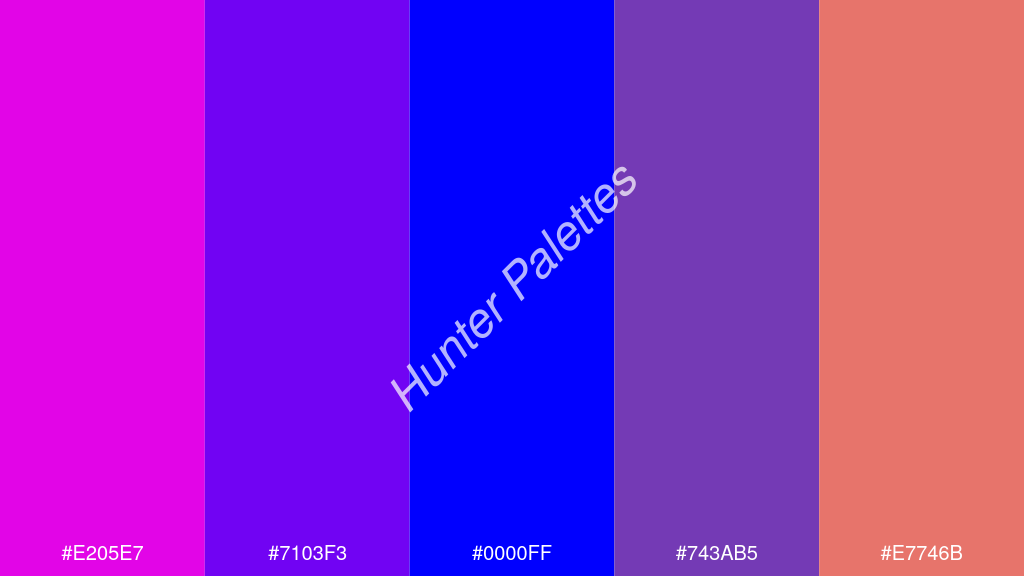 kék szín palettája a következőkkel: #e205e7 #7103f3 #0000ff #743ab5 #e7746b