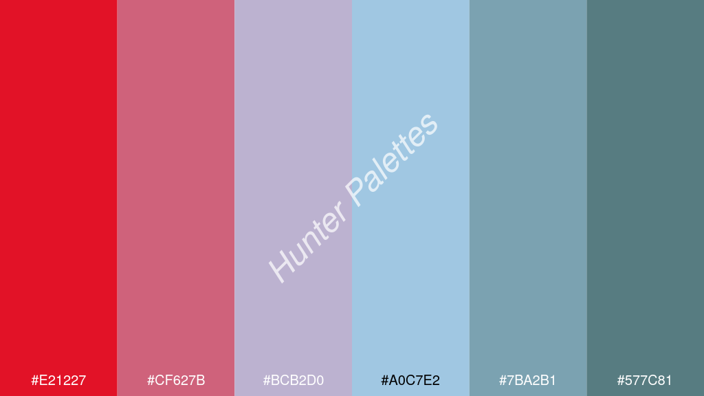 pasztellkék szín palettája a következőkkel: #e21227 #cf627b #bcb2d0 #a0c7e2 #7ba2b1 #577c81