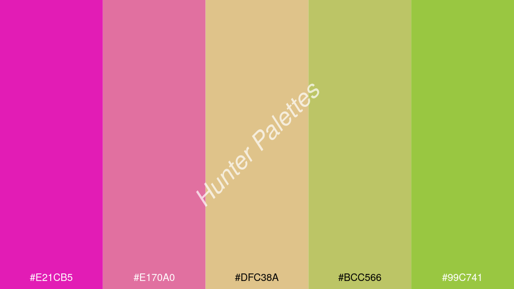 khaki szín palettája a következőkkel: #e21cb5 #e170a0 #dfc38a #bcc566 #99c741
