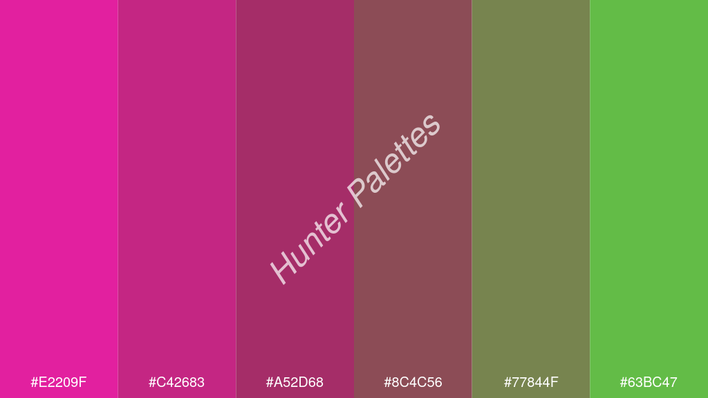 bordó szín palettája a következőkkel: #e2209f #c42683 #a52d68 #8c4c56 #77844f #63bc47
