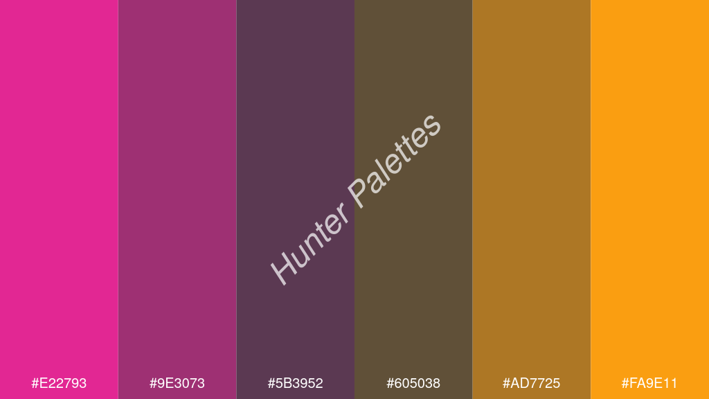 oxford szürke szín palettája a következőkkel: #e22793 #9e3073 #5b3952 #605038 #ad7725 #fa9e11