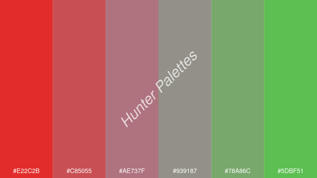 pasztell lila szín palettája a következőkkel: #e22c2b #c85055 #ae737f #939187 #78a86c #5dbf51